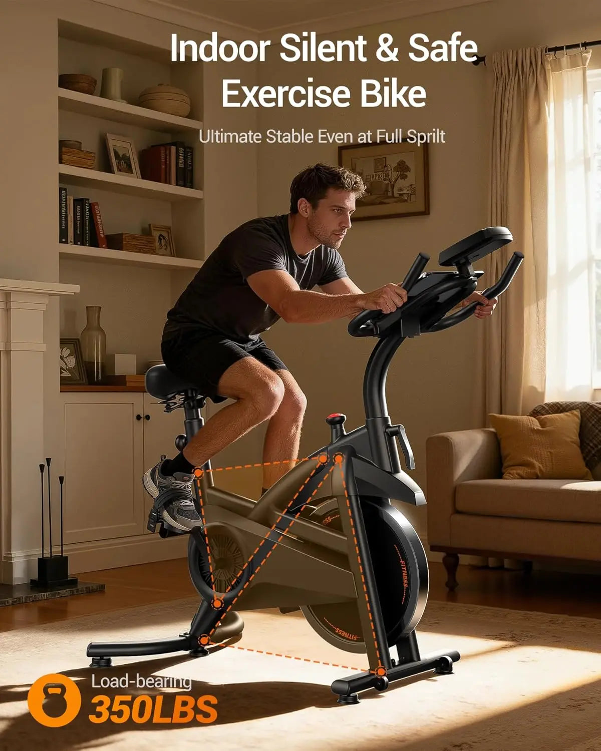 Exercise Bike, Brake Pad Stationary Bike for Home with App, 300 lb Capacity, Indoor Cycling Spin Bike with Comfort Seat