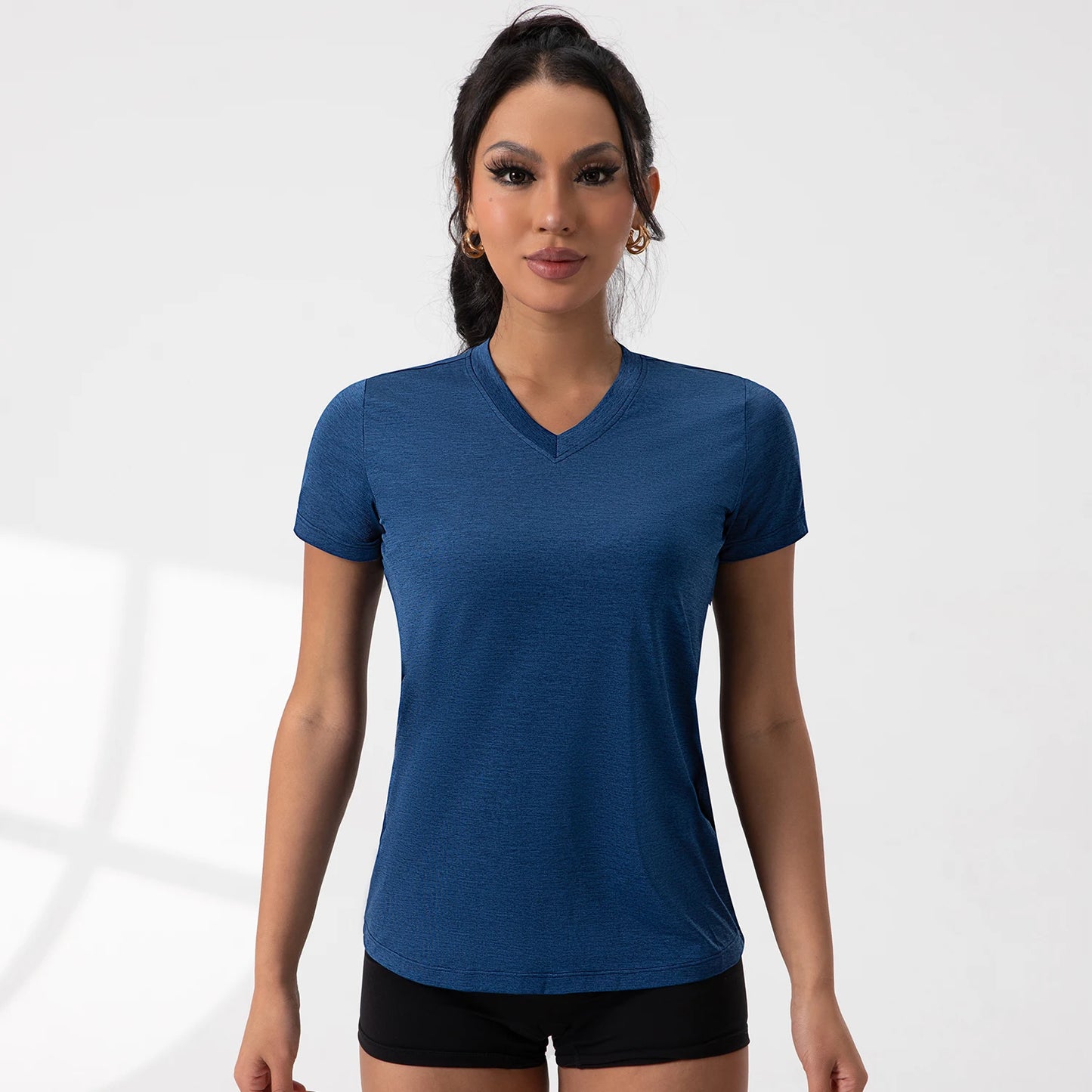 Summer V Neck Pleated Yoga T Shirt Women Short Sleeve Loose Solid Color Running Exercise Gym Tee 5 Colors Sportswear