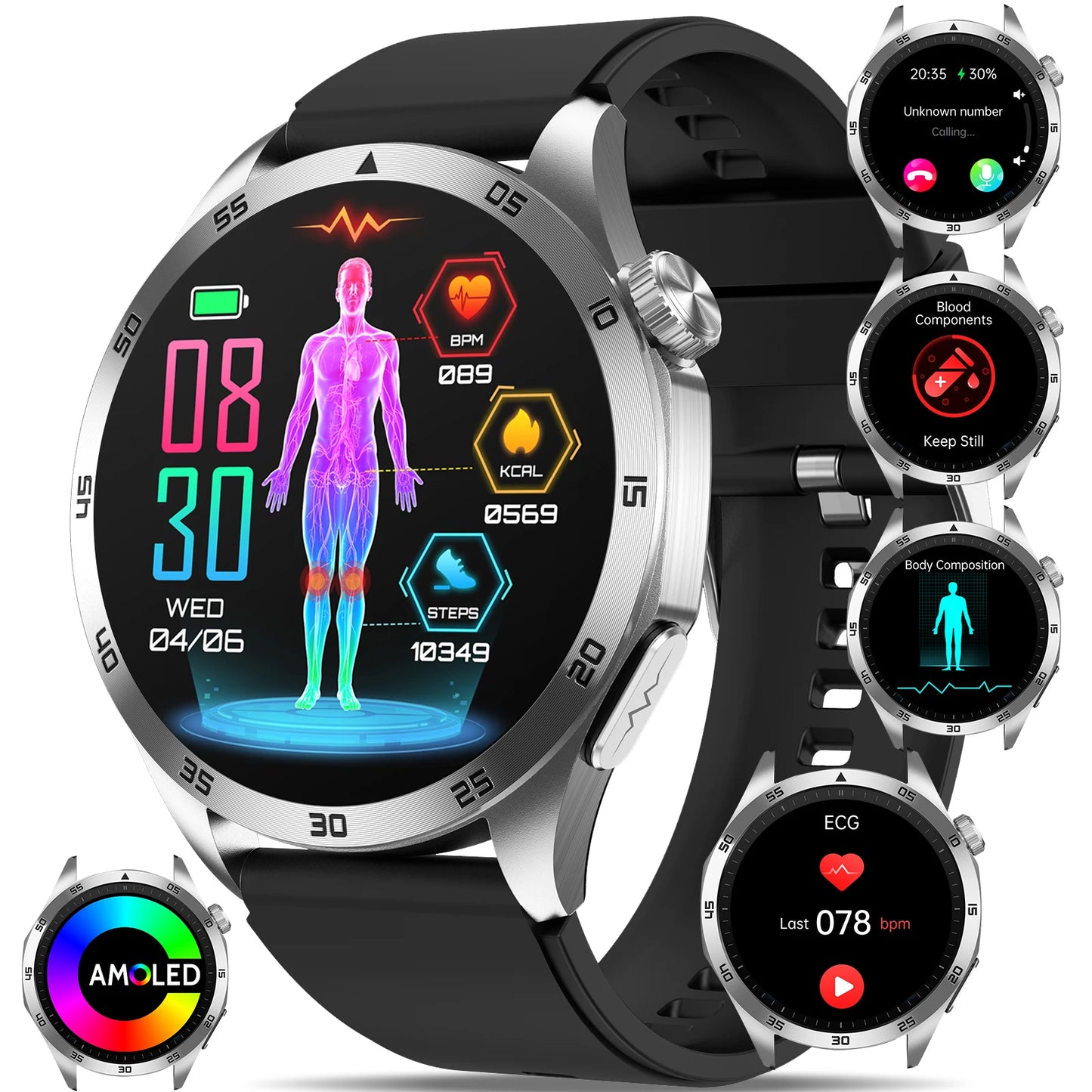Marsyu 2026 New Nursing Grade Smart Watch ECG+PPG Blood Lipid Blood pressure Uric Acid HD Bluetooth Call Clock Health Smart Watch Men For iOS Android New Health Measurement SmartWatch Men Blood Oxygen Pressure HD Bluetooth Ca