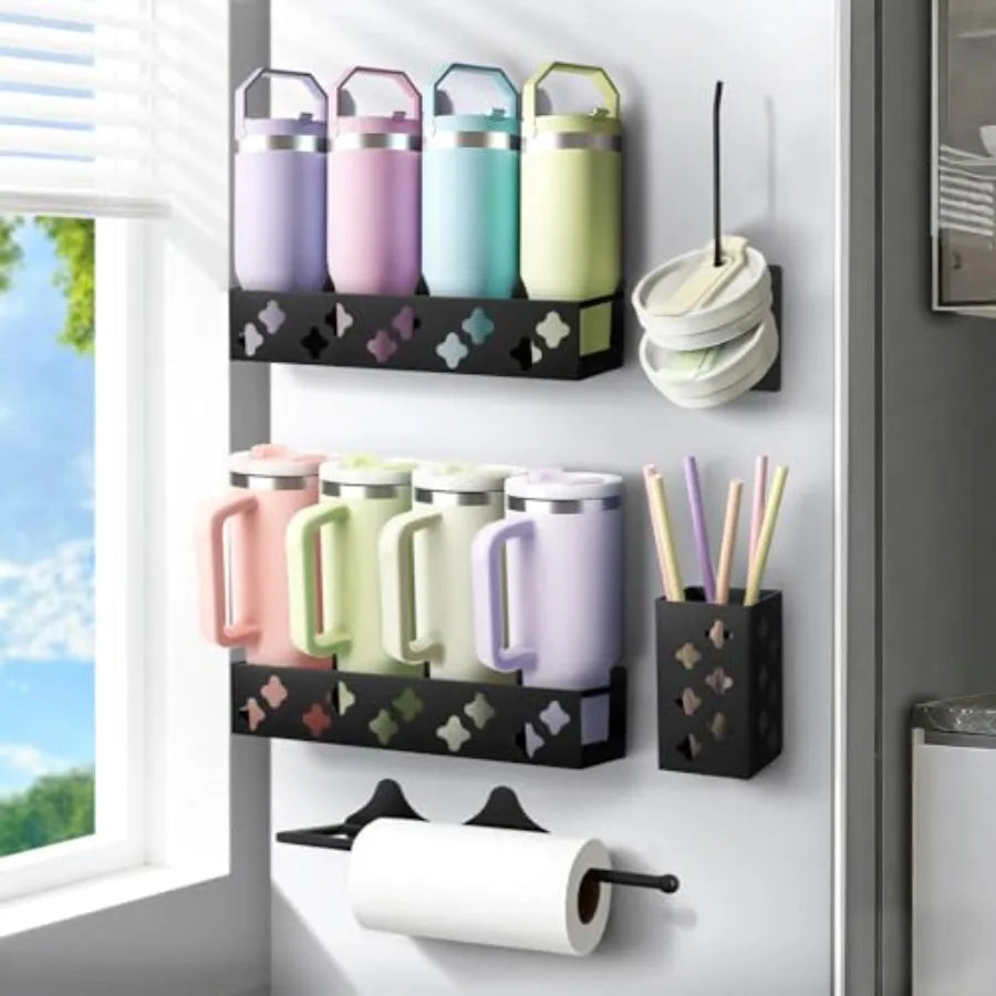 Magnetic Water Bottle Organizer for Fridge, Cup Holder for Stanley 30 40 Oz with Tumbler Lid and Straw and Paper Towel Holder,