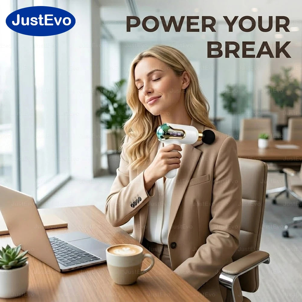 JustEvo Portable Massage Gun 9 Speeds Percussion Massager with 4 Heads, Smart LCD Screen Type-C Rechargeable Body Relaxer, 20-Min Timer Soothing Comfort Device.