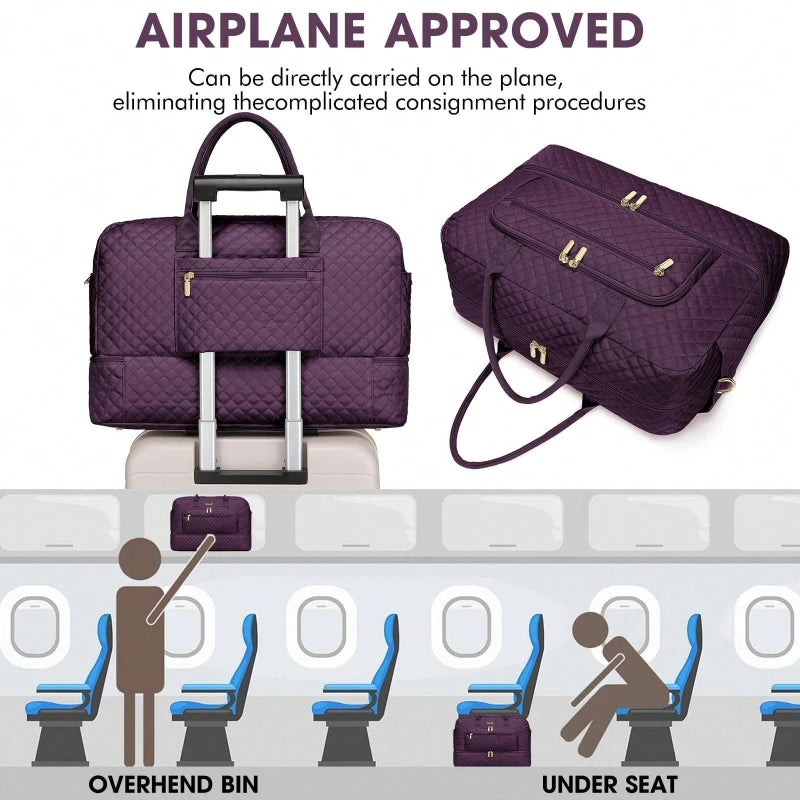Large Travel Duffel Bag for Women Carry On Weekender with Shoe Compartment Wet Pocket USB Port Gym Yoga