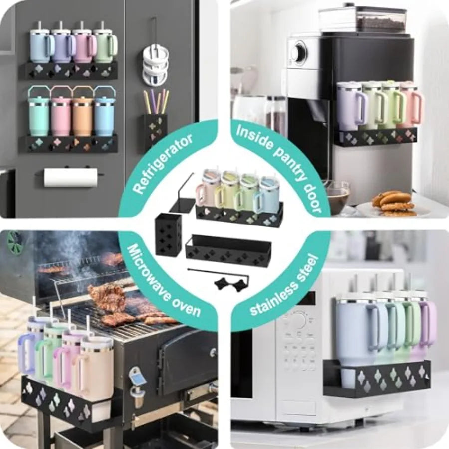 Magnetic Water Bottle Organizer for Fridge, Cup Holder for Stanley 30 40 Oz with Tumbler Lid and Straw and Paper Towel Holder,