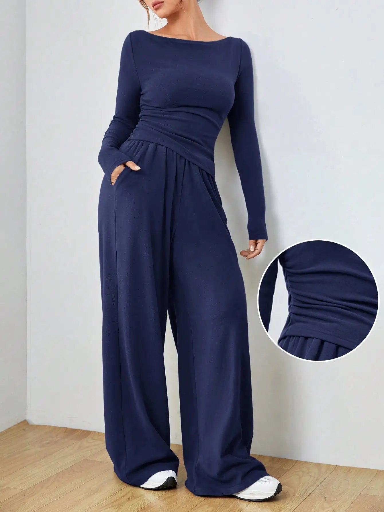 Women's Spring Autumn Casual Long Sleeve Top And Wide Leg Pants Set