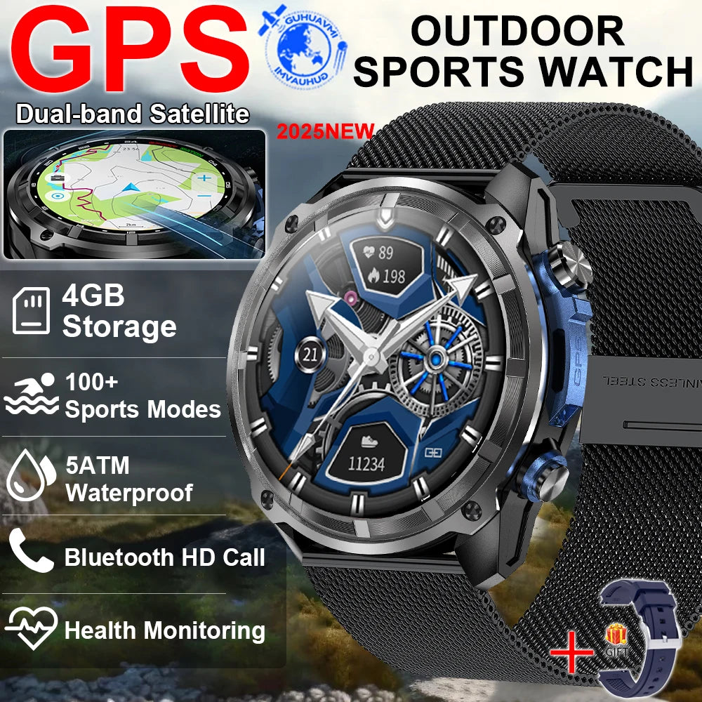 2025 New Military GPS Map NFC 4GB Memory Sports Smart Watch Men Waterproof Fitness Trackr Bluetooth call 860Mah Battery Bracelet
