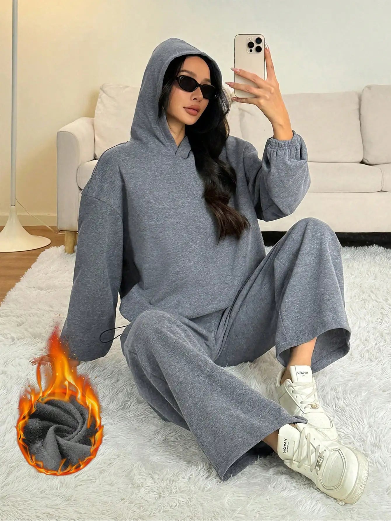 Oversized Thermal Lined Hoodie And Wide Leg Sweatpants Set Grey Women Comfortable Lounge Wear