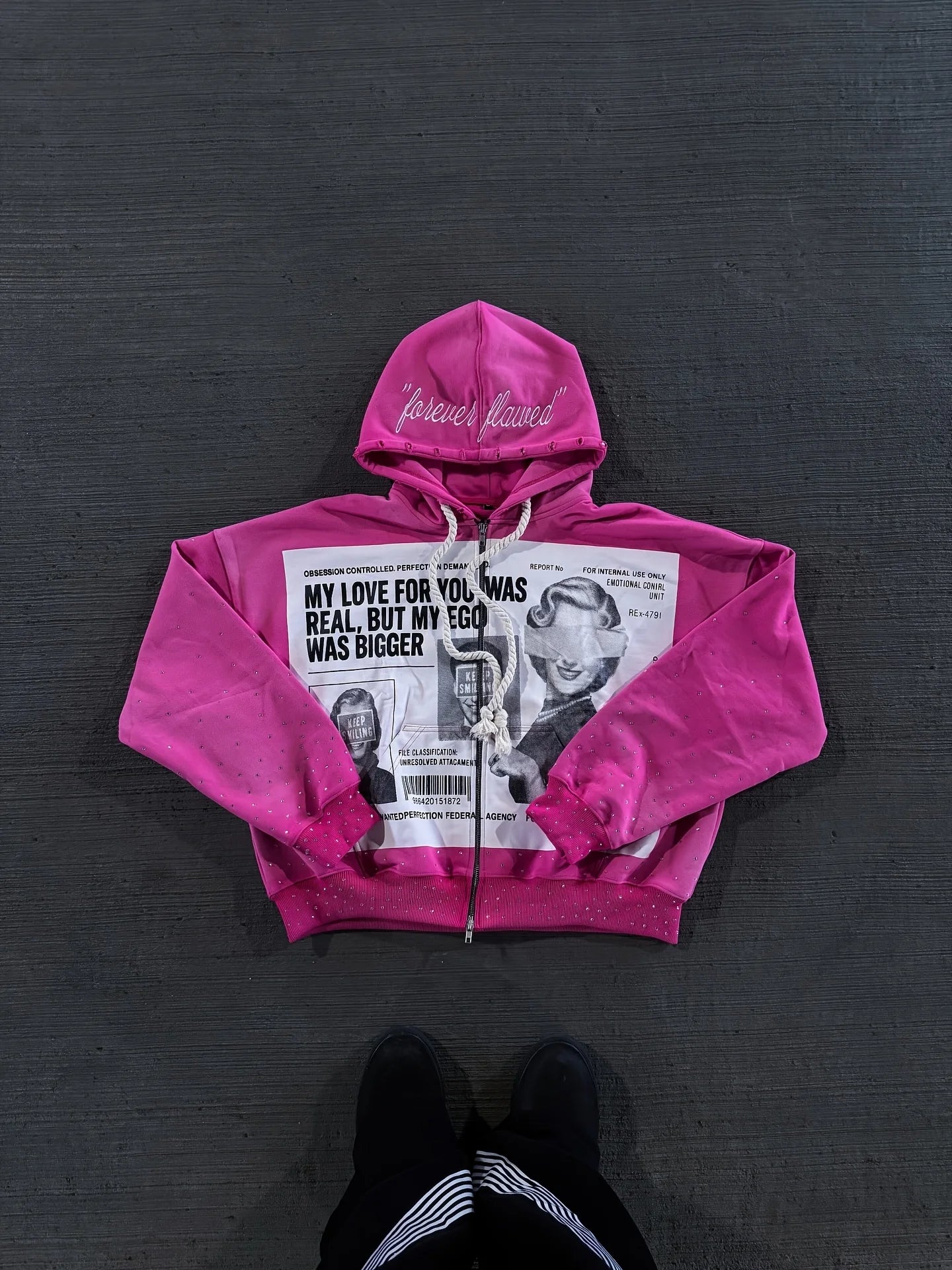 Rhinestone Embellished Zip Up Hoodie Newspaper Graphic Print Vintage Grunge Street Style Leisure Outerwear Daily Casual Loungewe