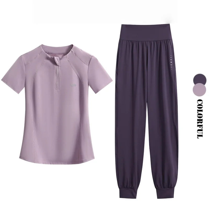 DRUR S-4XL Summer Yoga Pants Set Women Two Piece Breathable Lightweight Running Suit Sport Outfit Yogawear 2 pcs Gym Clothing