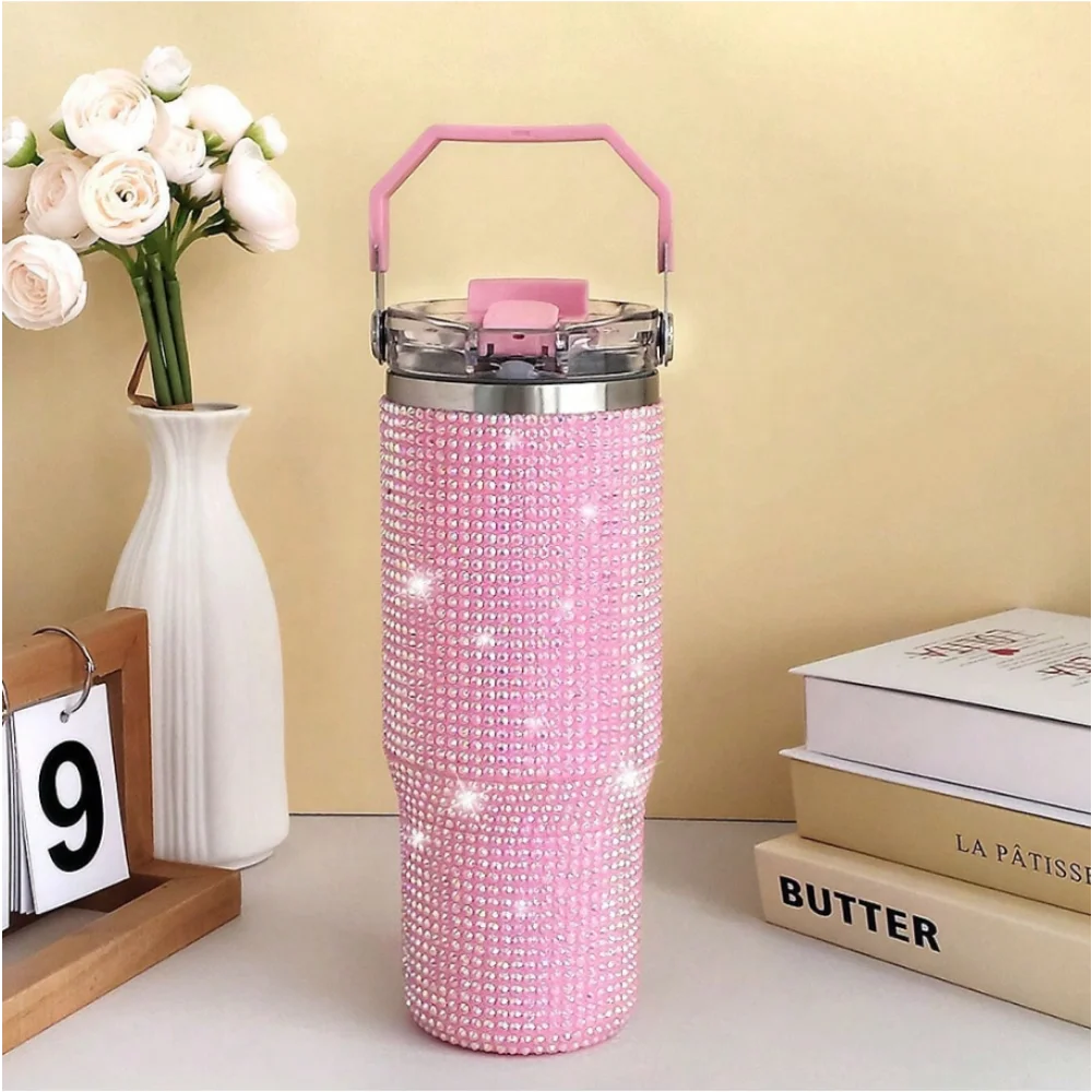 30oz 2In1 Lid Tumbler Diamond Finish, Double Wall Vacuum Insulated Stainless Steel, Leakproof, Termos Caliente Y Frio, Termo De