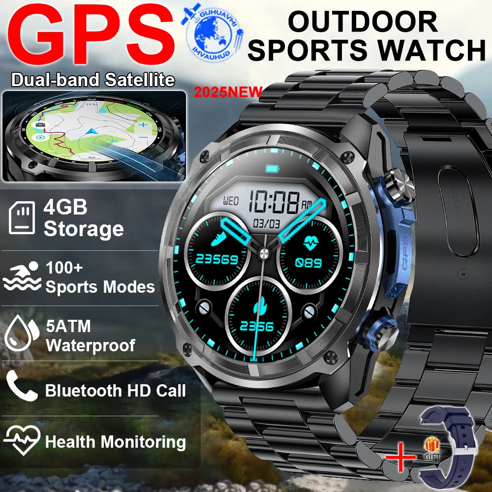 2025 New Military GPS Map NFC 4GB Memory Sports Smart Watch Men Waterproof Fitness Trackr Bluetooth call 860Mah Battery Bracelet