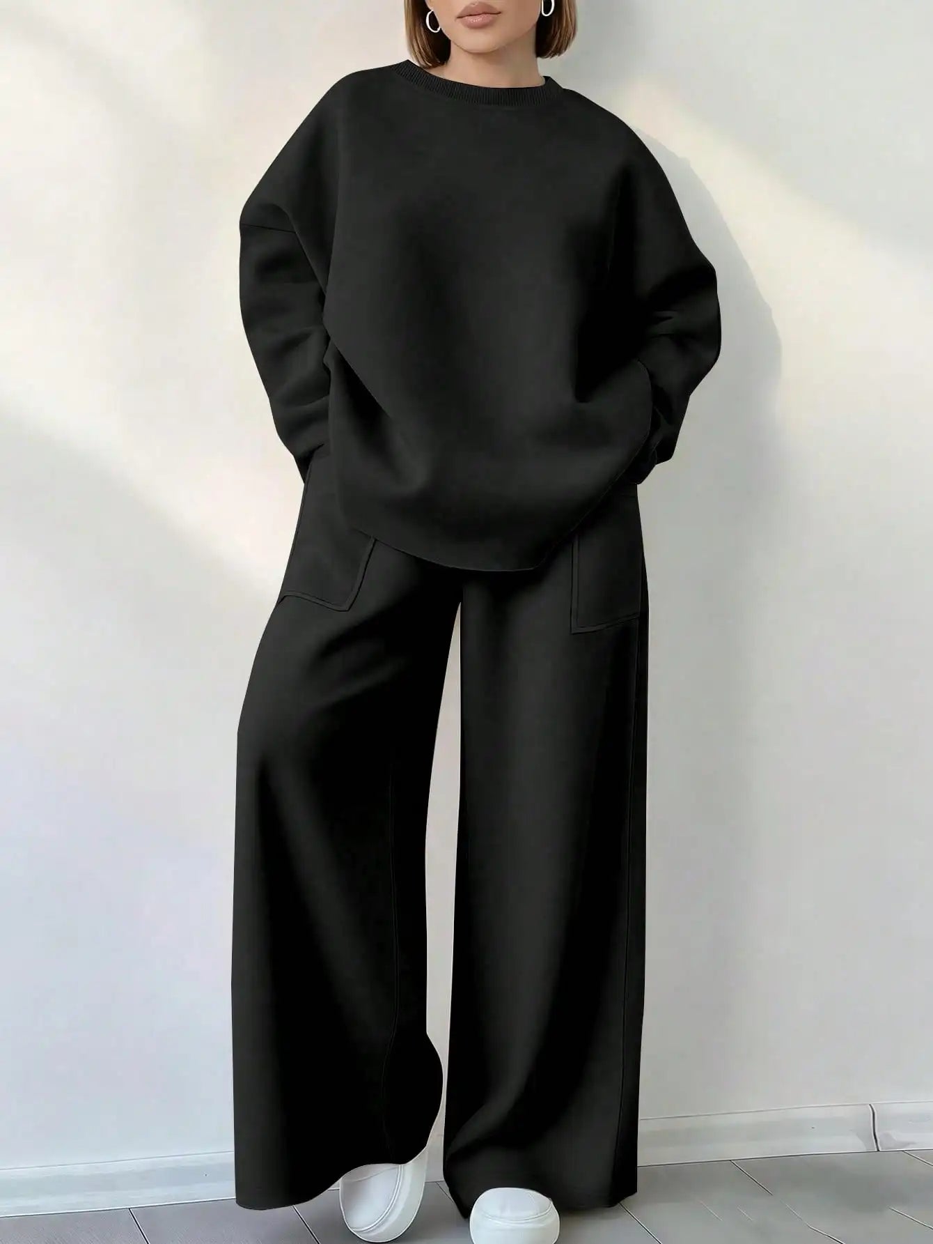 Solid Color Round Neck Long Sleeve Top And Pocket Loose Pants 2 Piece Set