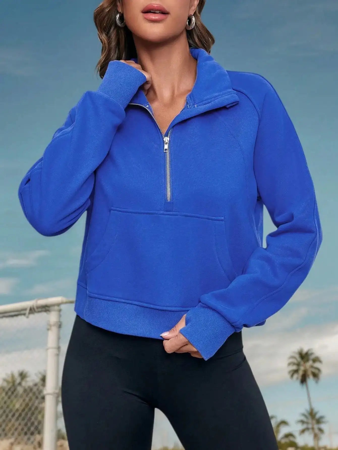 Women Half Zip Crop Sweatshirt Fleece Lined Pullover Funnel Neck Thumb Holes Y2K Streetwear Winter Outfit
