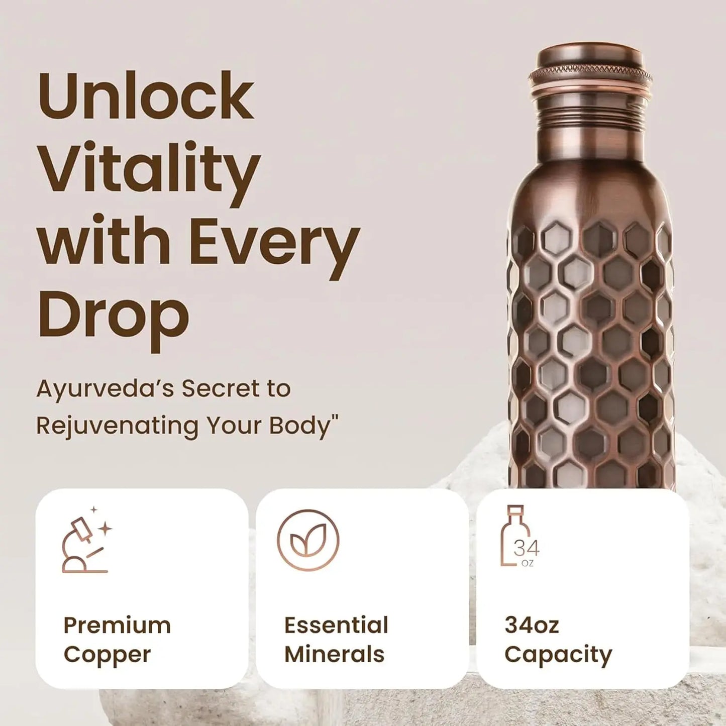 100% Copper Water Bottle 34 Oz Antique Black - Leak-Proof, Temperature Retention, Eco-Friendly Design for Hydration
