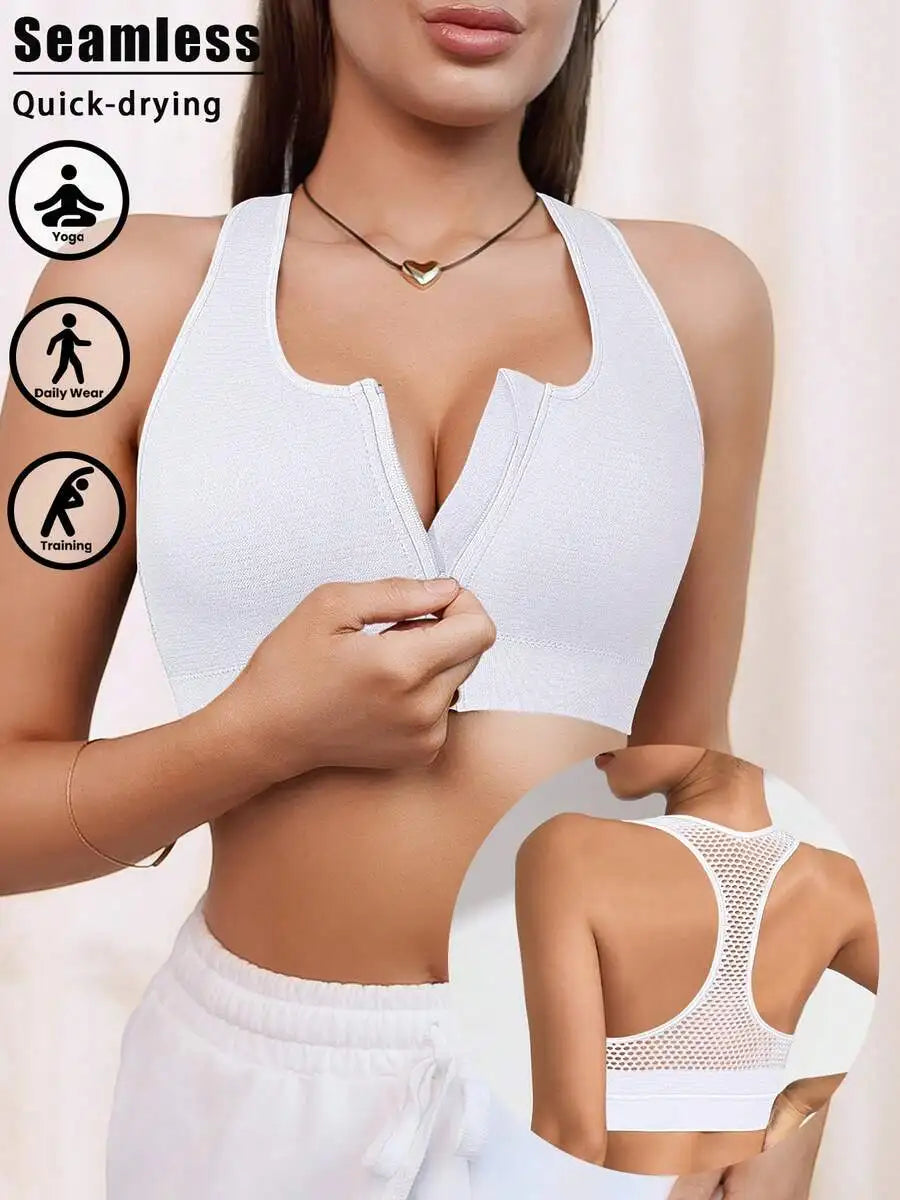 1 Piece Hollow Mesh Knit Front Zipper Hollow Stretch Moisture Wicking Design Breathable Seamless Sports Bra, Fitness Yoga