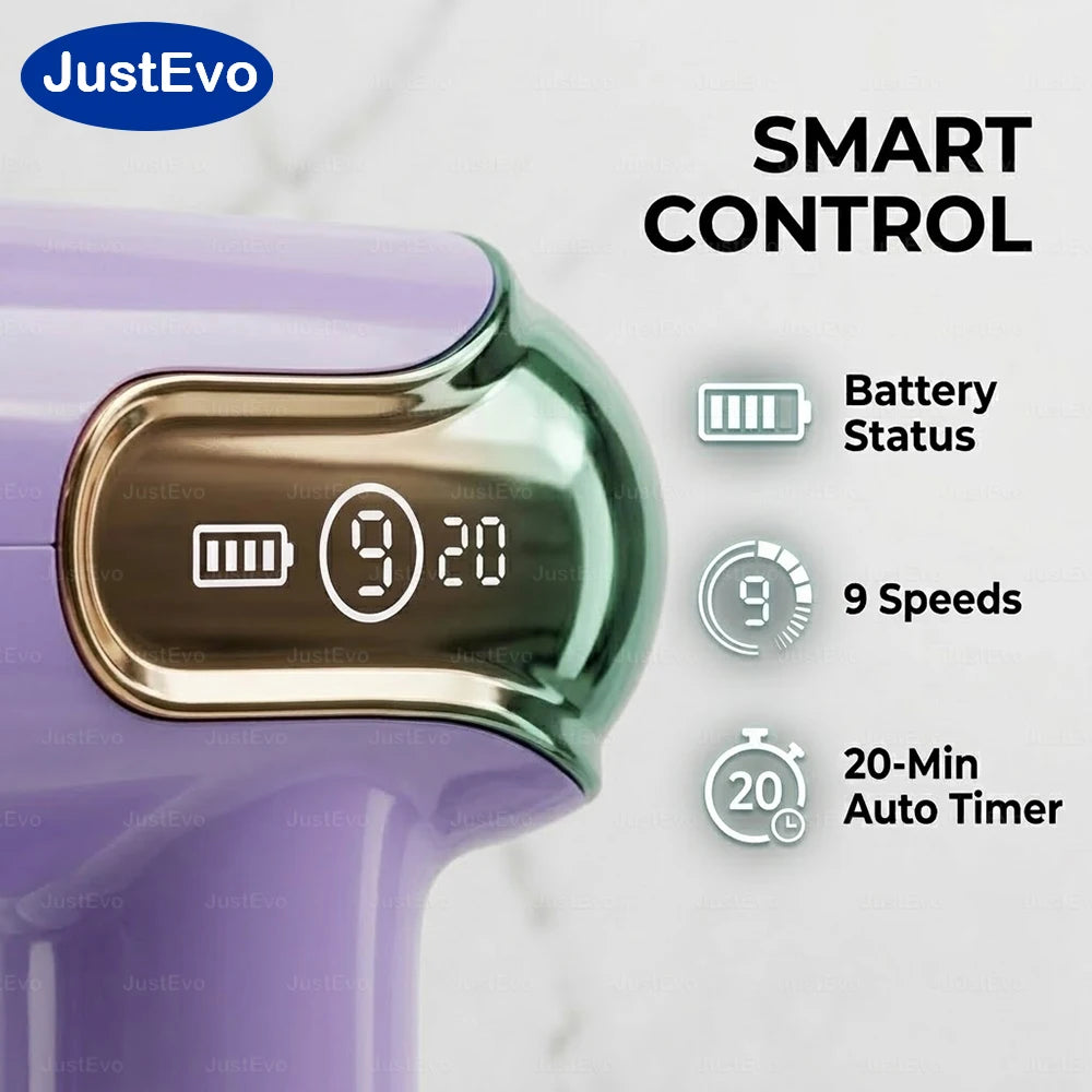 JustEvo Portable Massage Gun 9 Speeds Percussion Massager with 4 Heads, Smart LCD Screen Type-C Rechargeable Body Relaxer, 20-Min Timer Soothing Comfort Device.