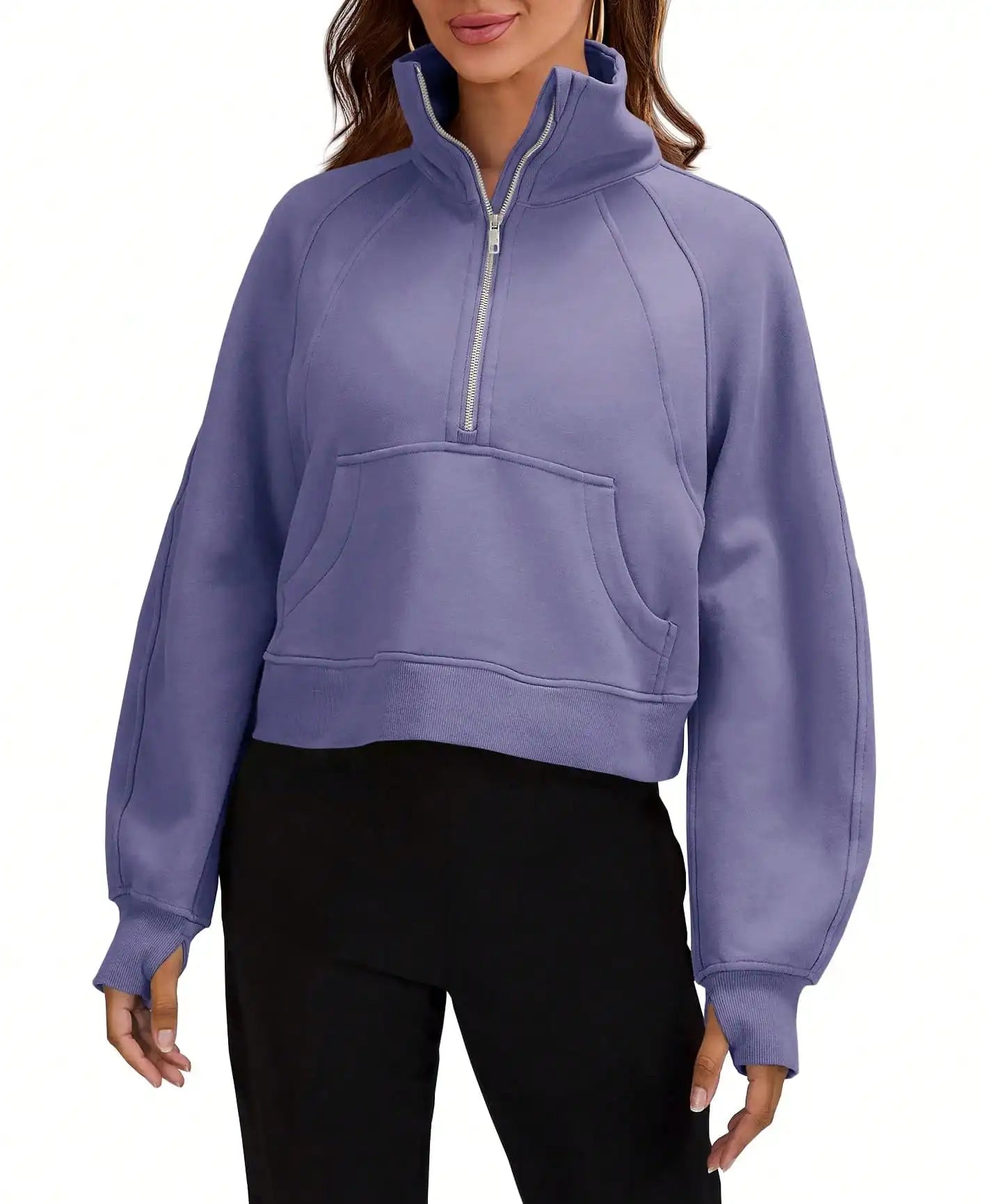 Women Half Zip Crop Sweatshirt Fleece Lined Pullover Funnel Neck Thumb Holes Y2K Streetwear Winter Outfit