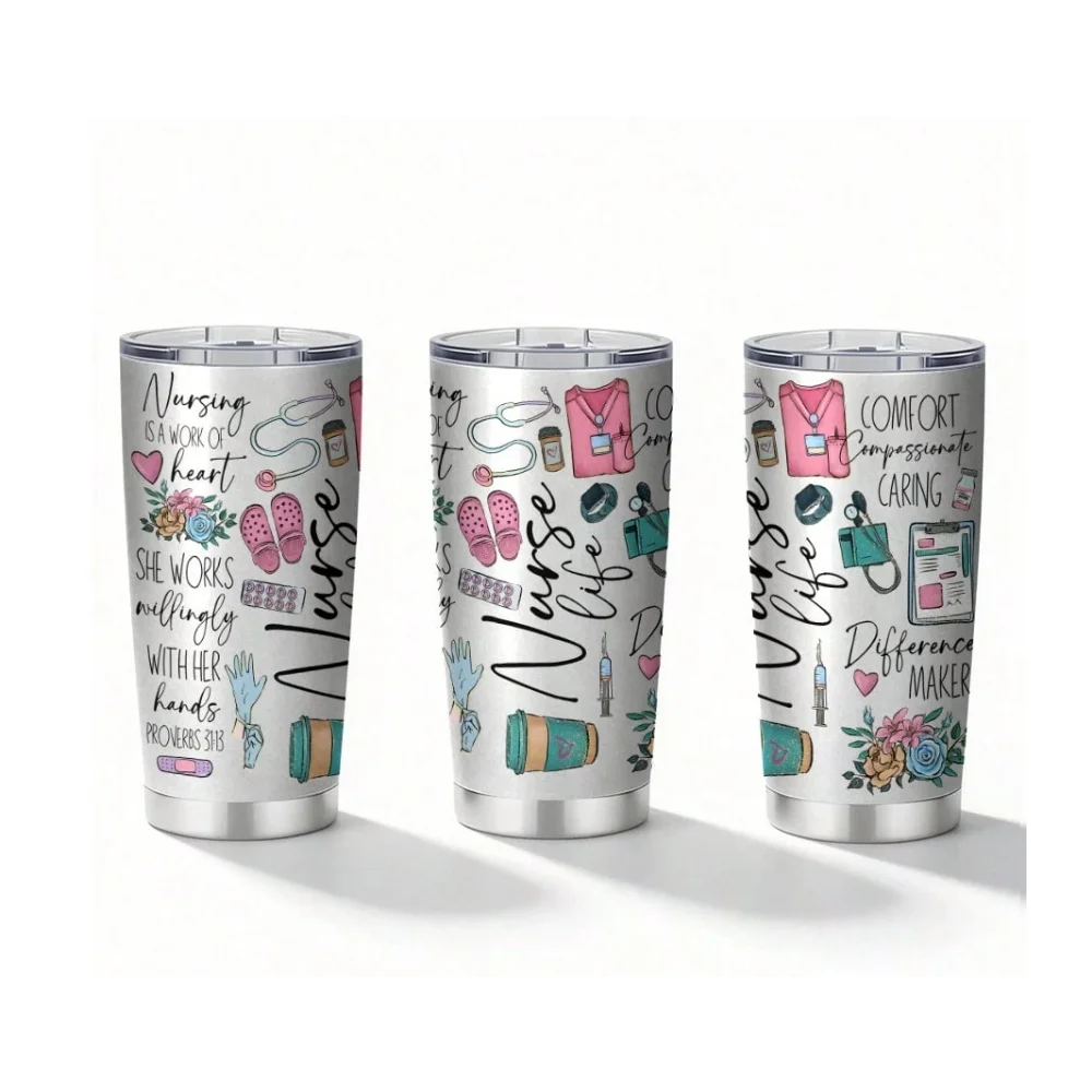 20oz Insulated Water Bottle Medical Nurse Aesthetic Pink Teal Coffee Floral Tumbler Design For Nursing Student Appreciation